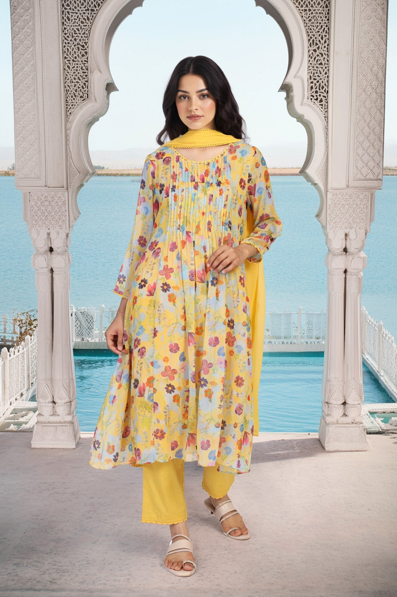 Yellow Floral Print Lace Trim Flared Chiffon Kurta with Pant and Dupatta Set