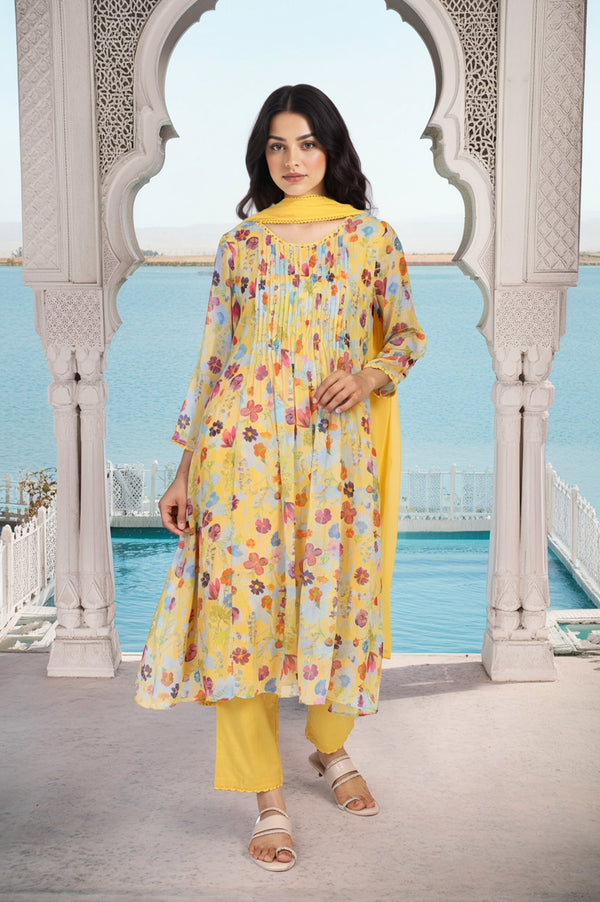 Yellow Floral Print Lace Trim Flared Chiffon Kurta with Pant and Dupatta Set