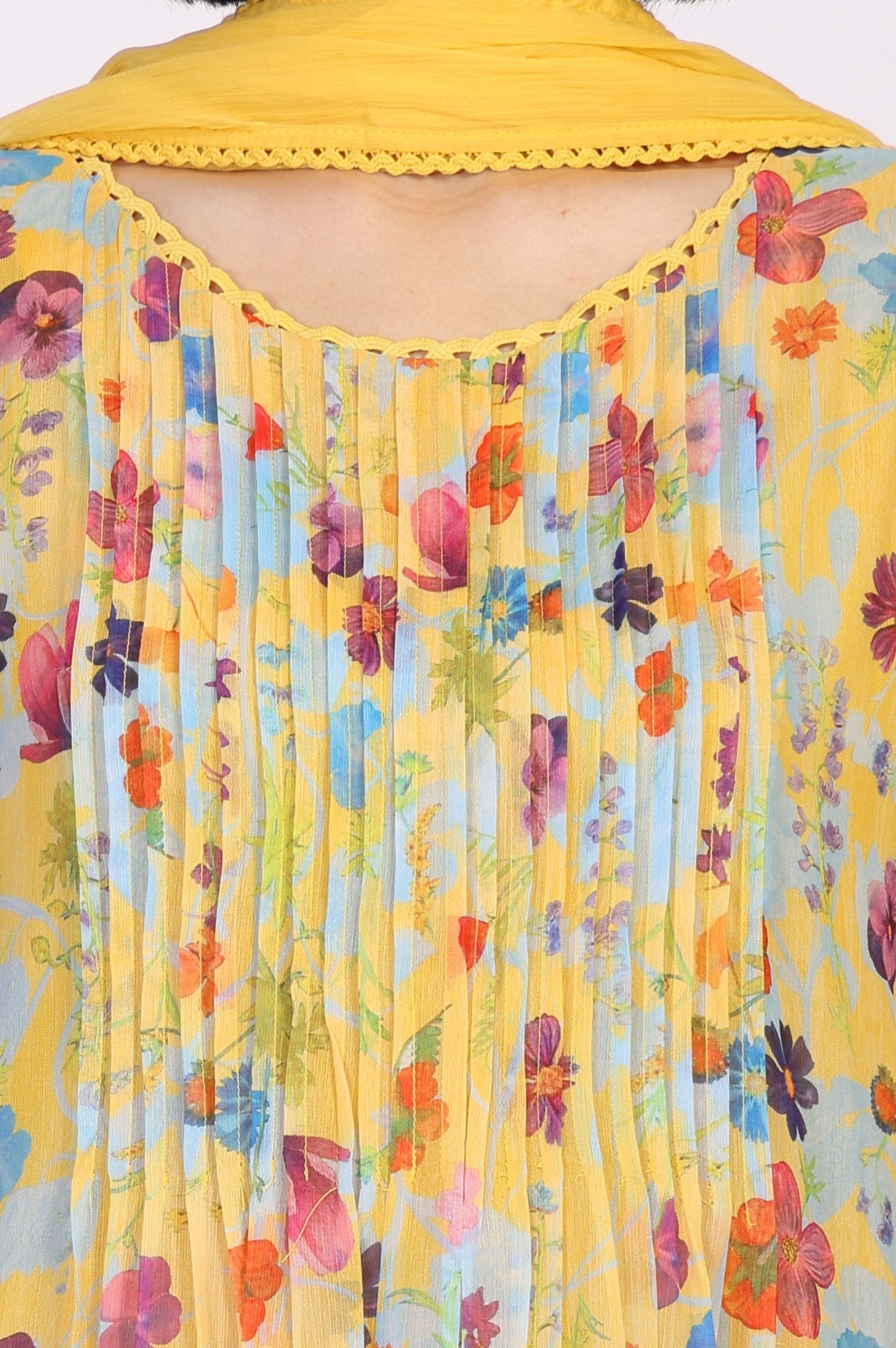 Yellow Floral Print Lace Trim Flared Chiffon Kurta with Pant and Dupatta Set