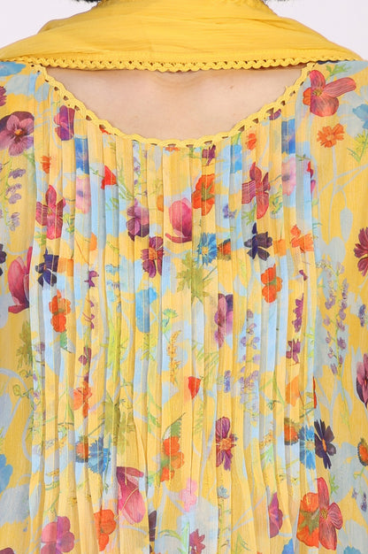 Yellow Floral Print Lace Trim Flared Chiffon Kurta with Pant and Dupatta Set