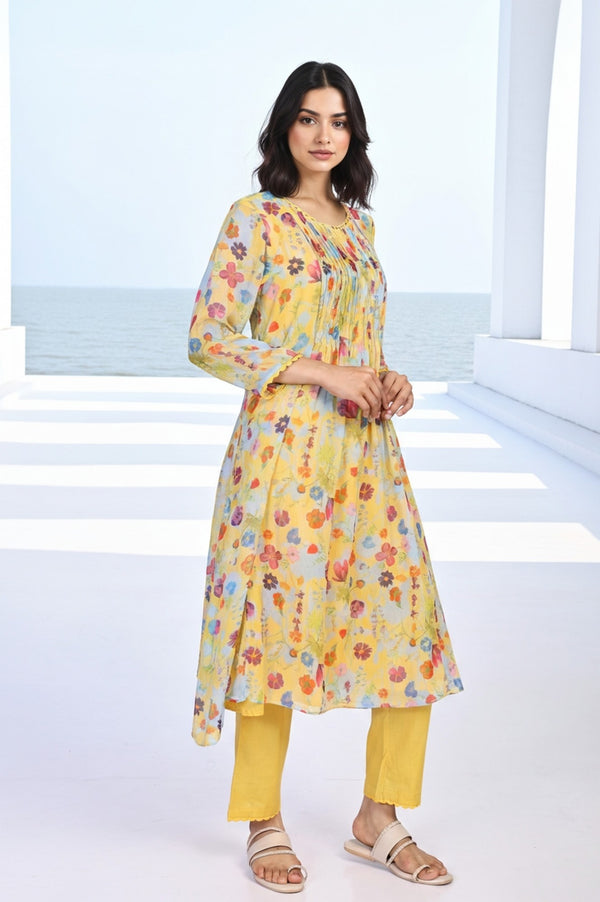 Yellow Floral Print Lace Trim Flared Chiffon Kurta with Pant and Dupatta Set