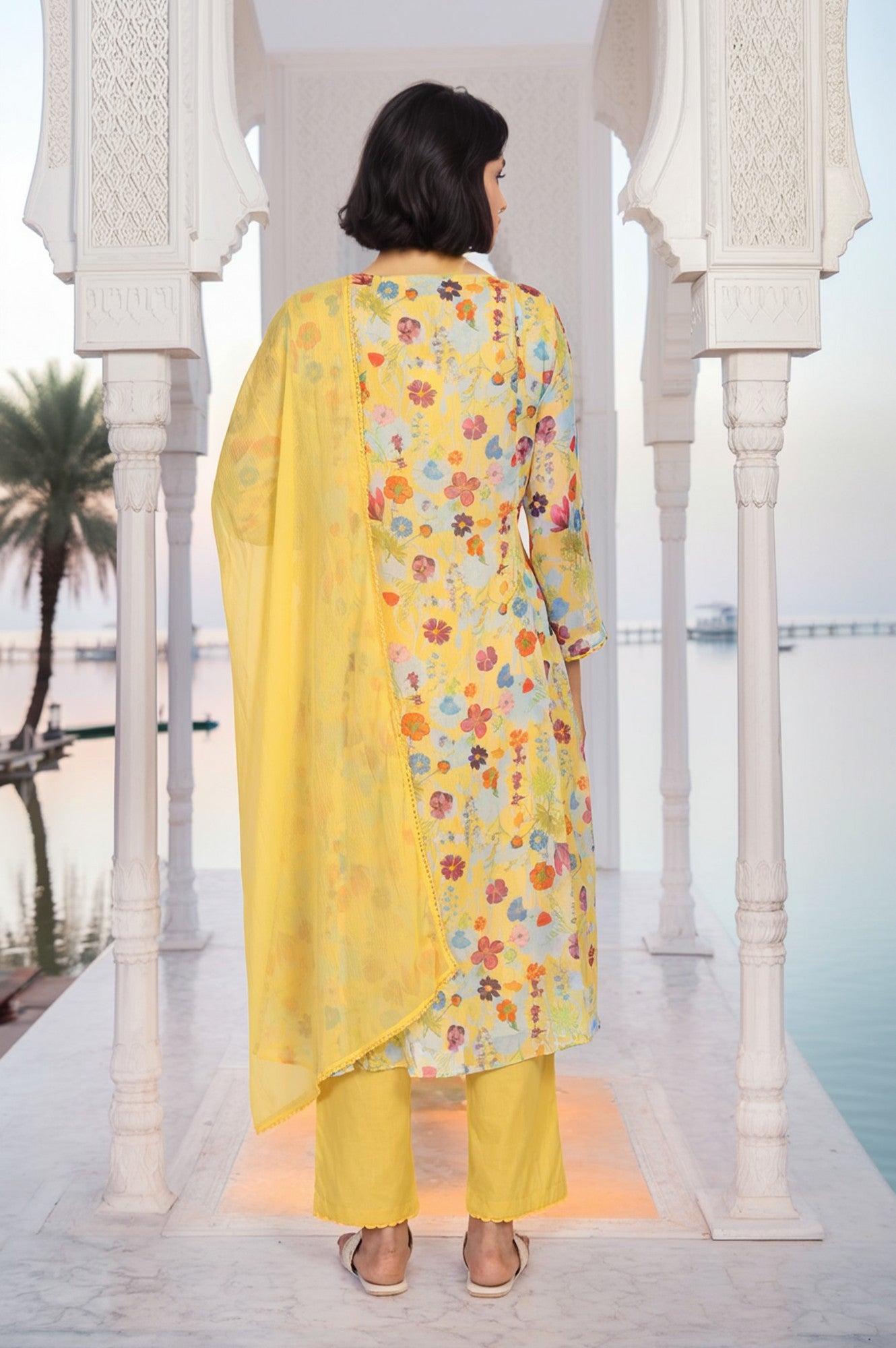 Yellow Floral Print Lace Trim Flared Chiffon Kurta with Pant and Dupatta Set