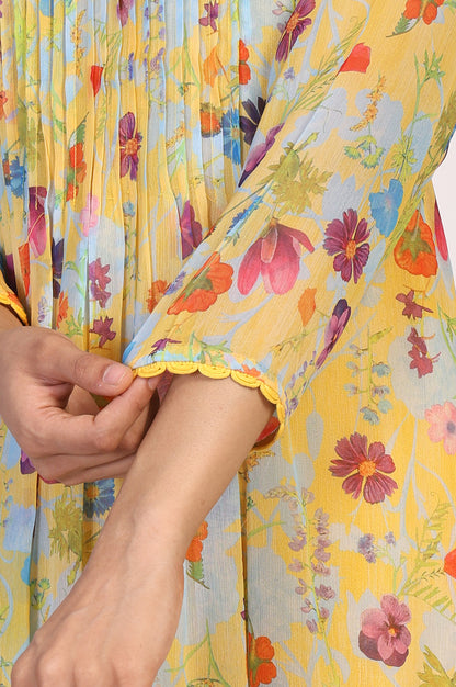 Yellow Floral Print Lace Trim Flared Chiffon Kurta with Pant and Dupatta Set