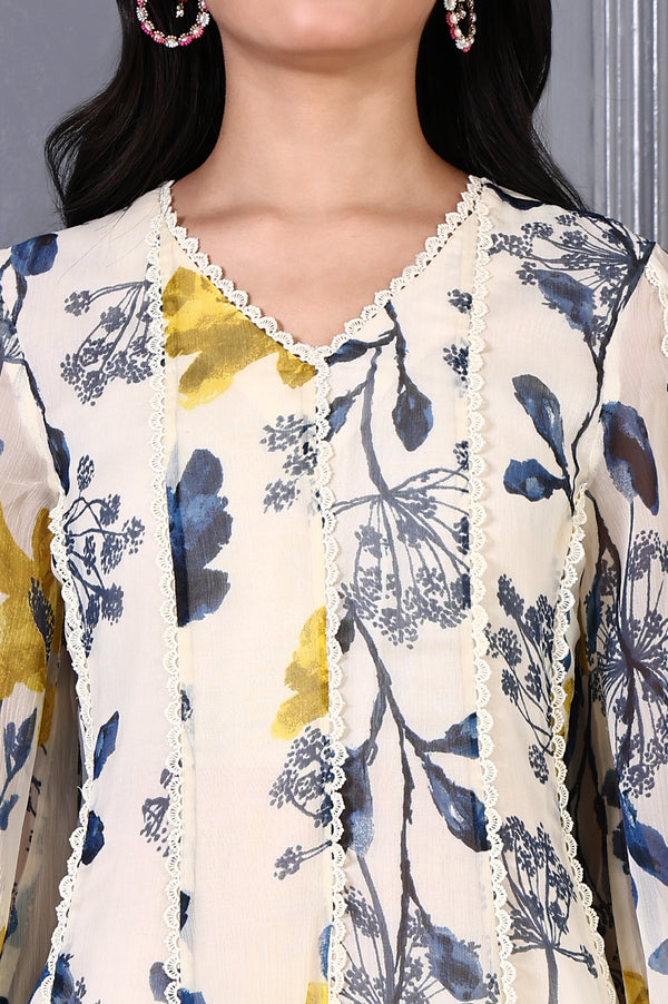 White Floral Printed Lace Chiffon Flared Kurta and Pants Set