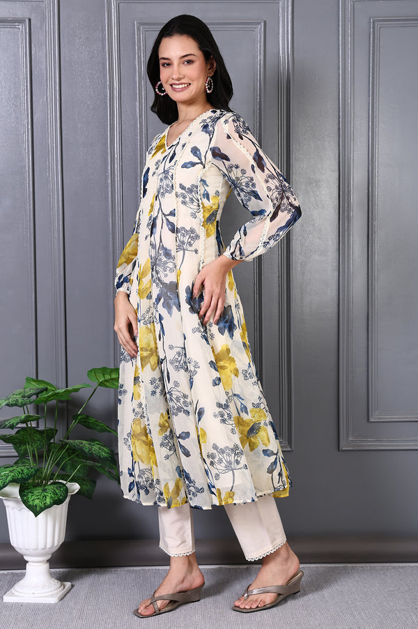 White Floral Printed Lace Chiffon Flared Kurta and Pants Set