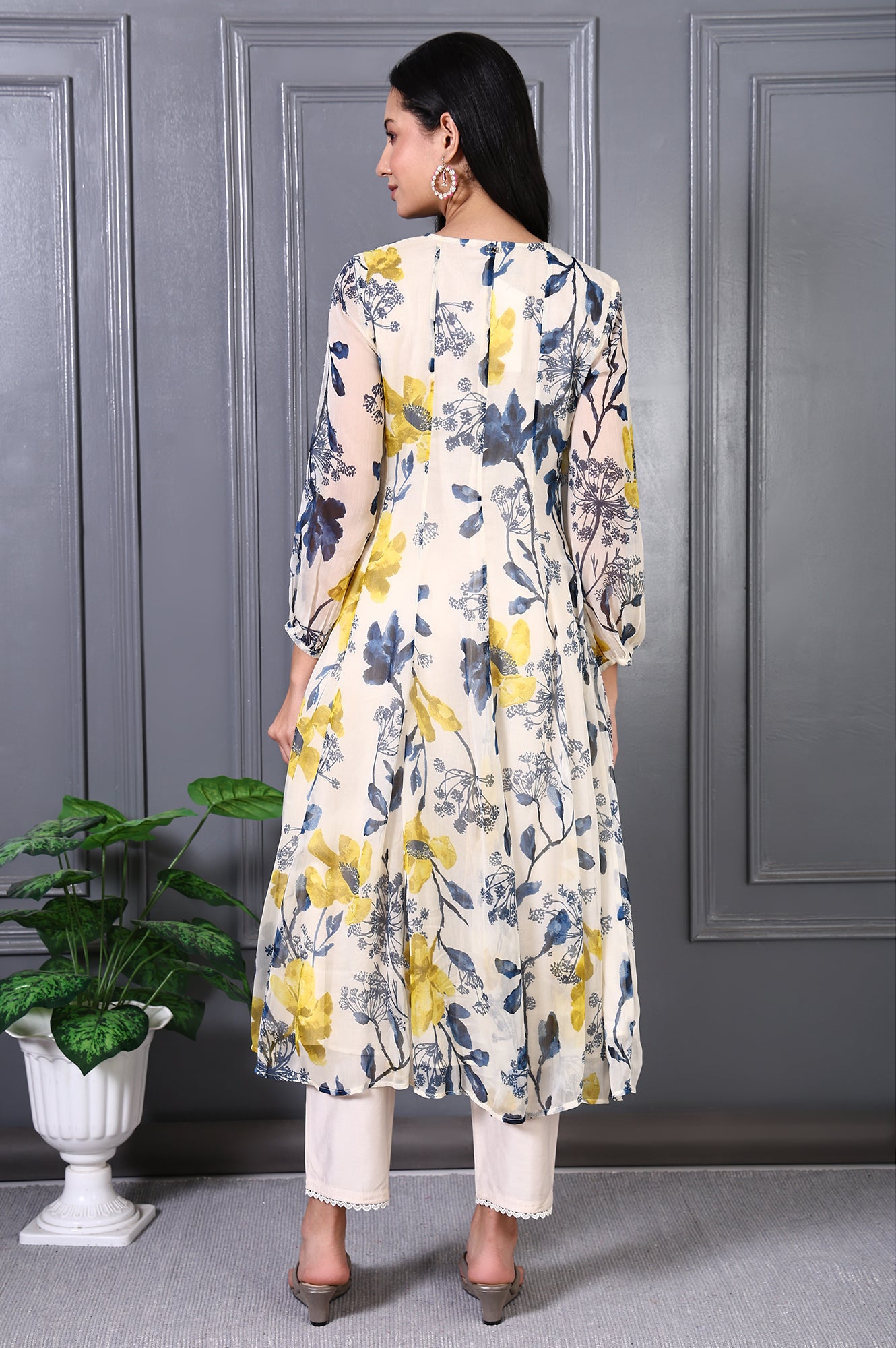 White Floral Printed Lace Chiffon Flared Kurta and Pants Set