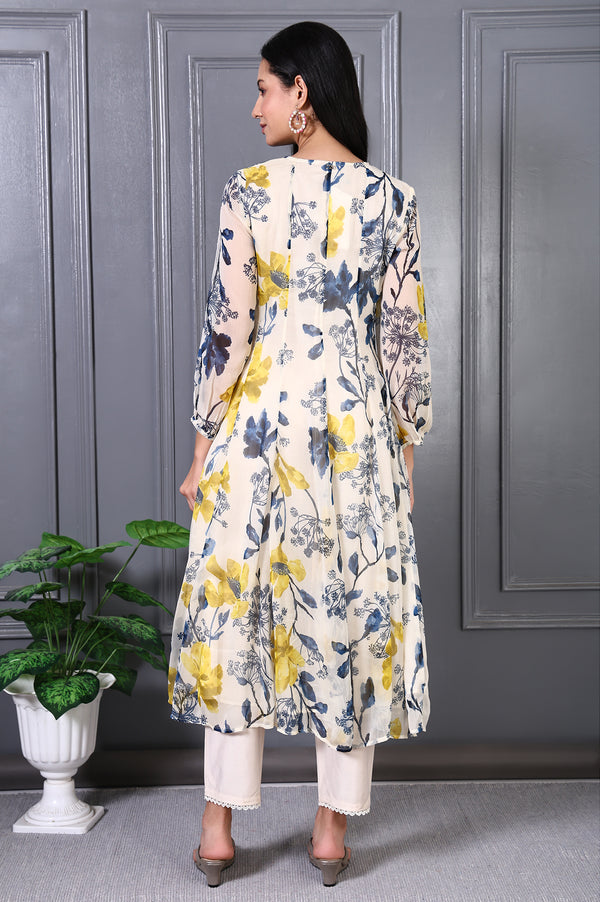 White Floral Printed Lace Chiffon Flared Kurta and Pants Set