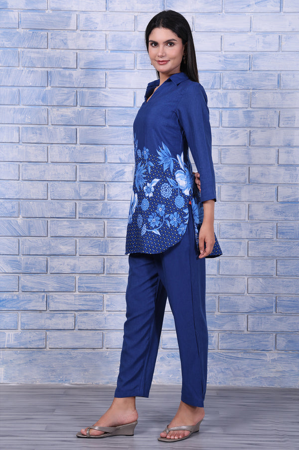 Blue Floral Printed Beads Rayon Flax Straight Kurta And Straight Pant Set