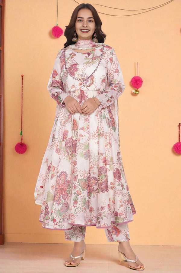Ecru Printed Chanderi Flared Kurta, Straight Pant and Dupatta Set