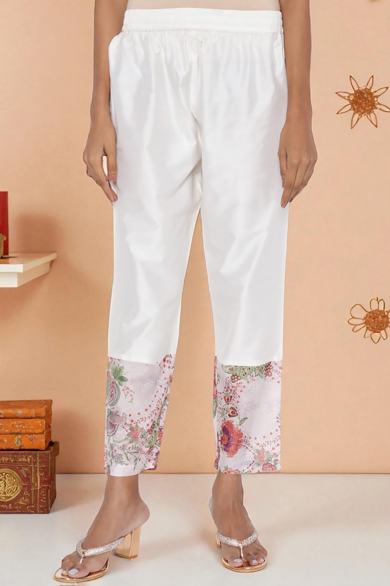 Ecru Printed Chanderi Flared Kurta, Straight Pant and Dupatta Set