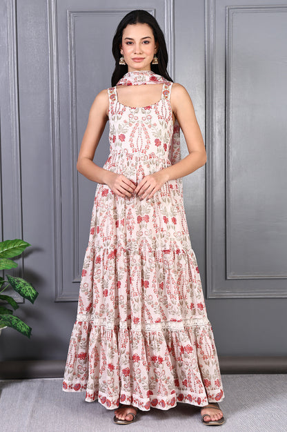 White Floral Printed Chiffon Flared Dress and Dupatta Set