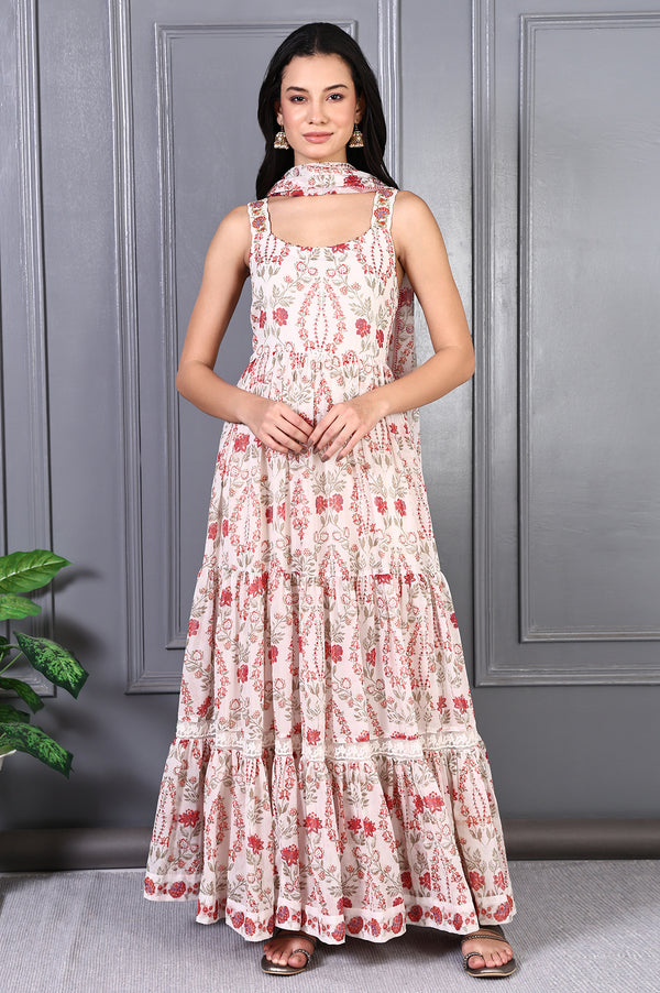 White Floral Printed Chiffon Flared Dress and Dupatta Set