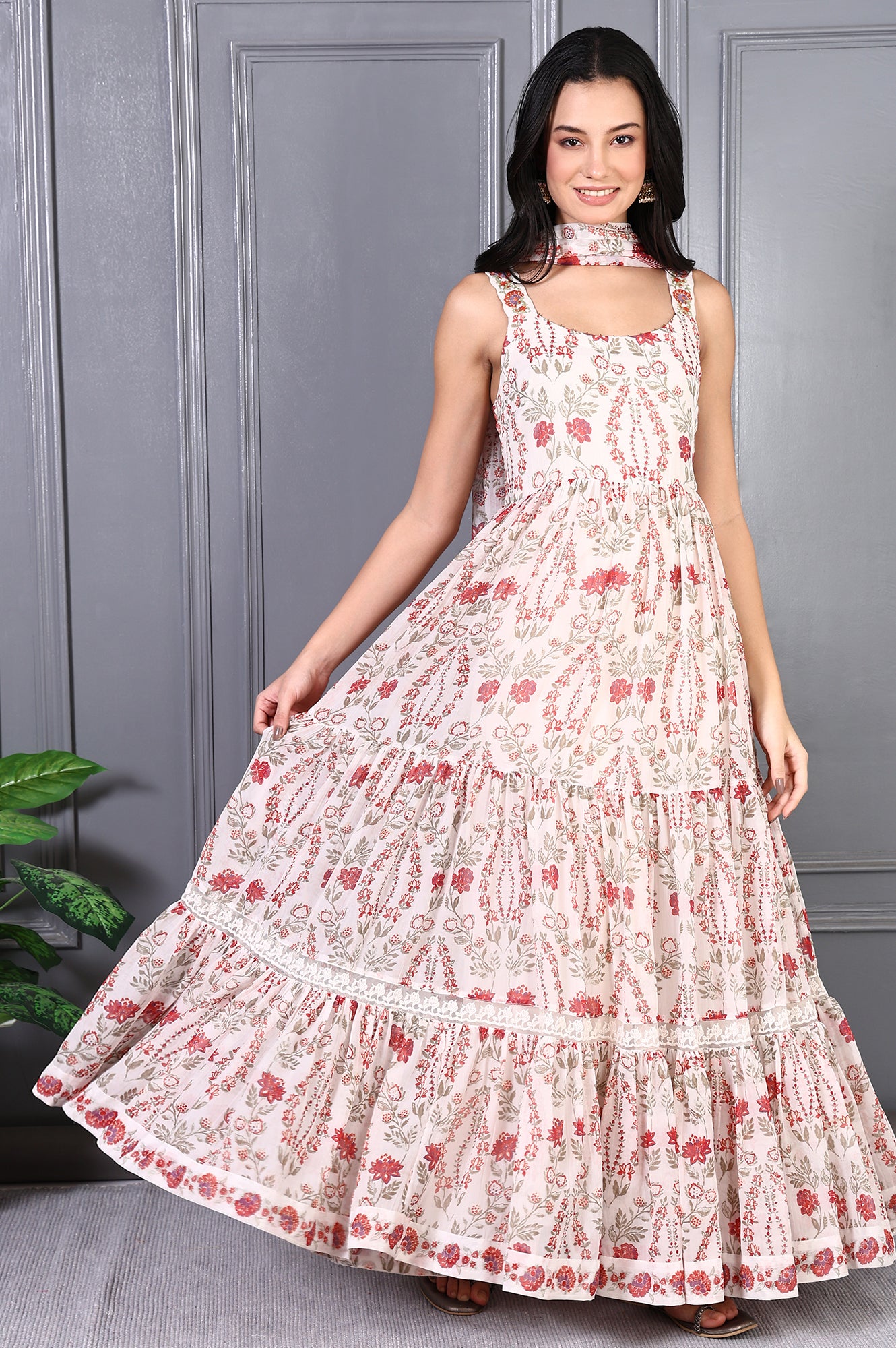 White Floral Printed Chiffon Flared Dress and Dupatta Set