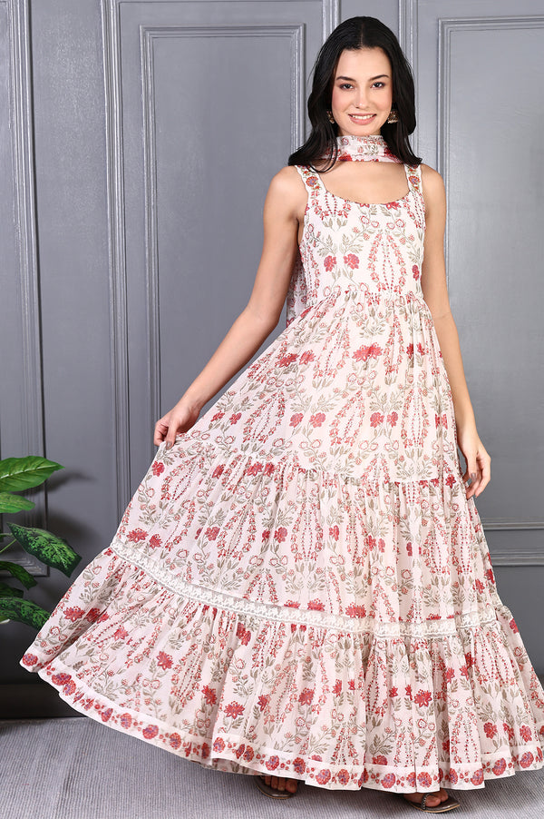 White Floral Printed Chiffon Flared Dress and Dupatta Set