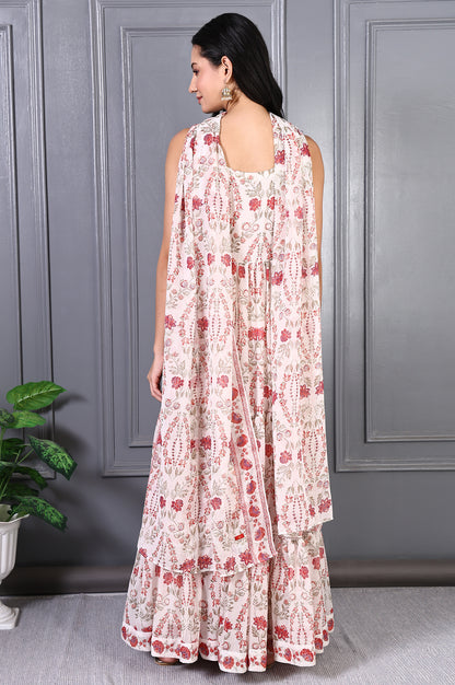 White Floral Printed Chiffon Flared Dress and Dupatta Set