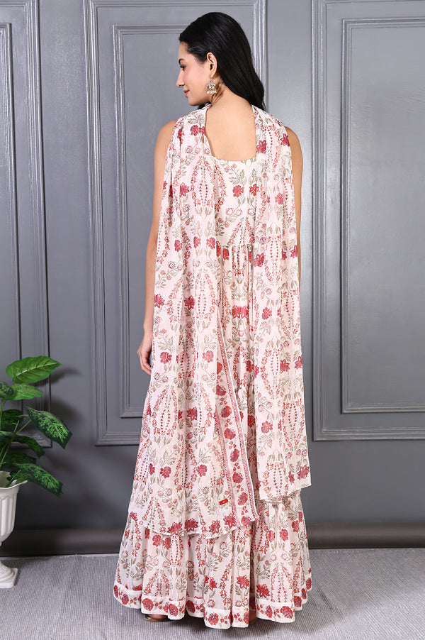 White Floral Printed Chiffon Flared Dress and Dupatta Set