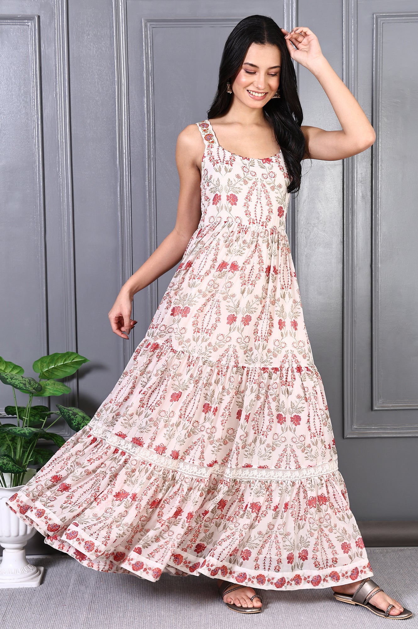 White Floral Printed Chiffon Flared Dress and Dupatta Set