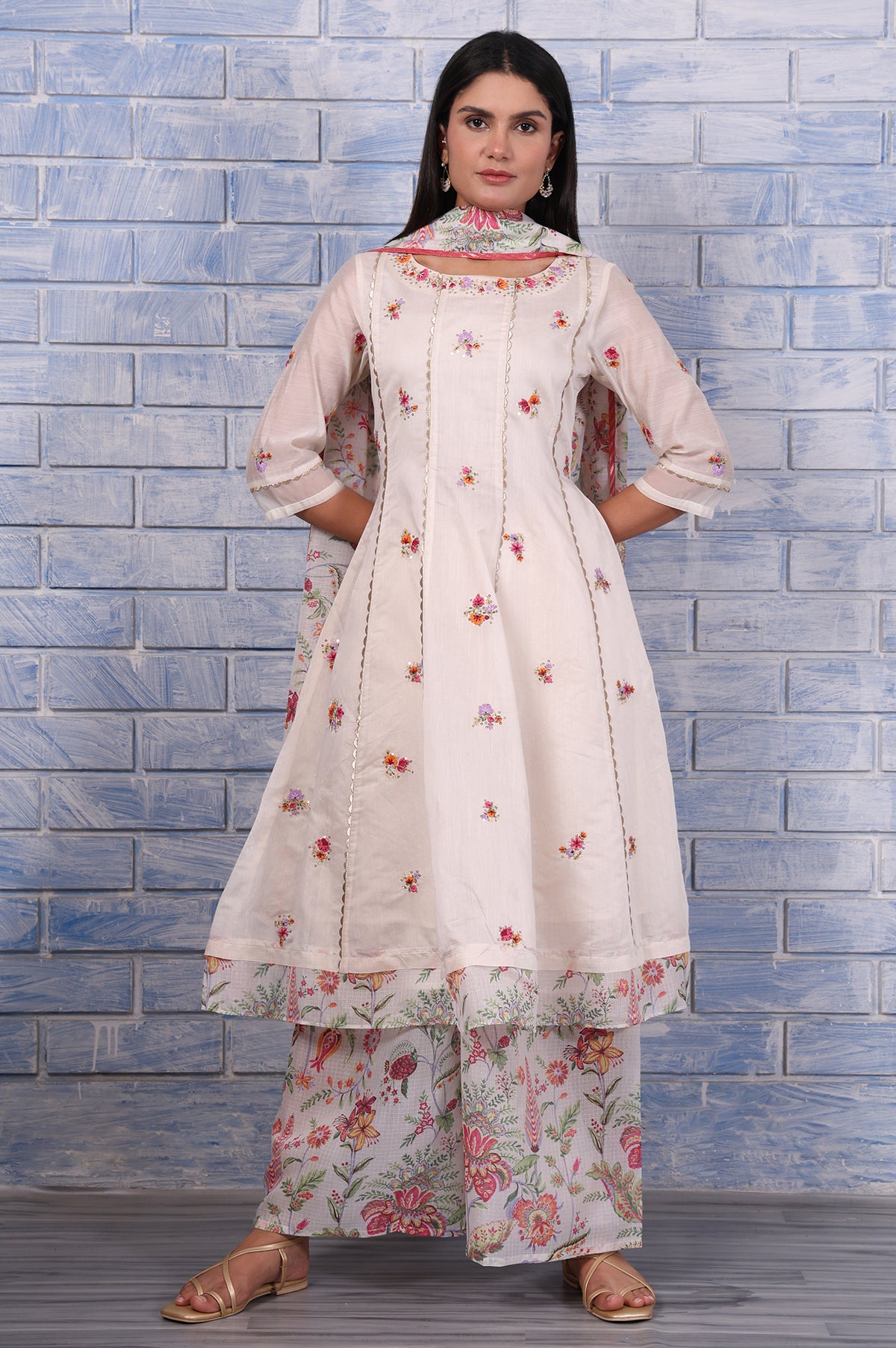 White Embroidered Printed Chanderi Flared Kurta, Palazzo And Dupatta Set - S