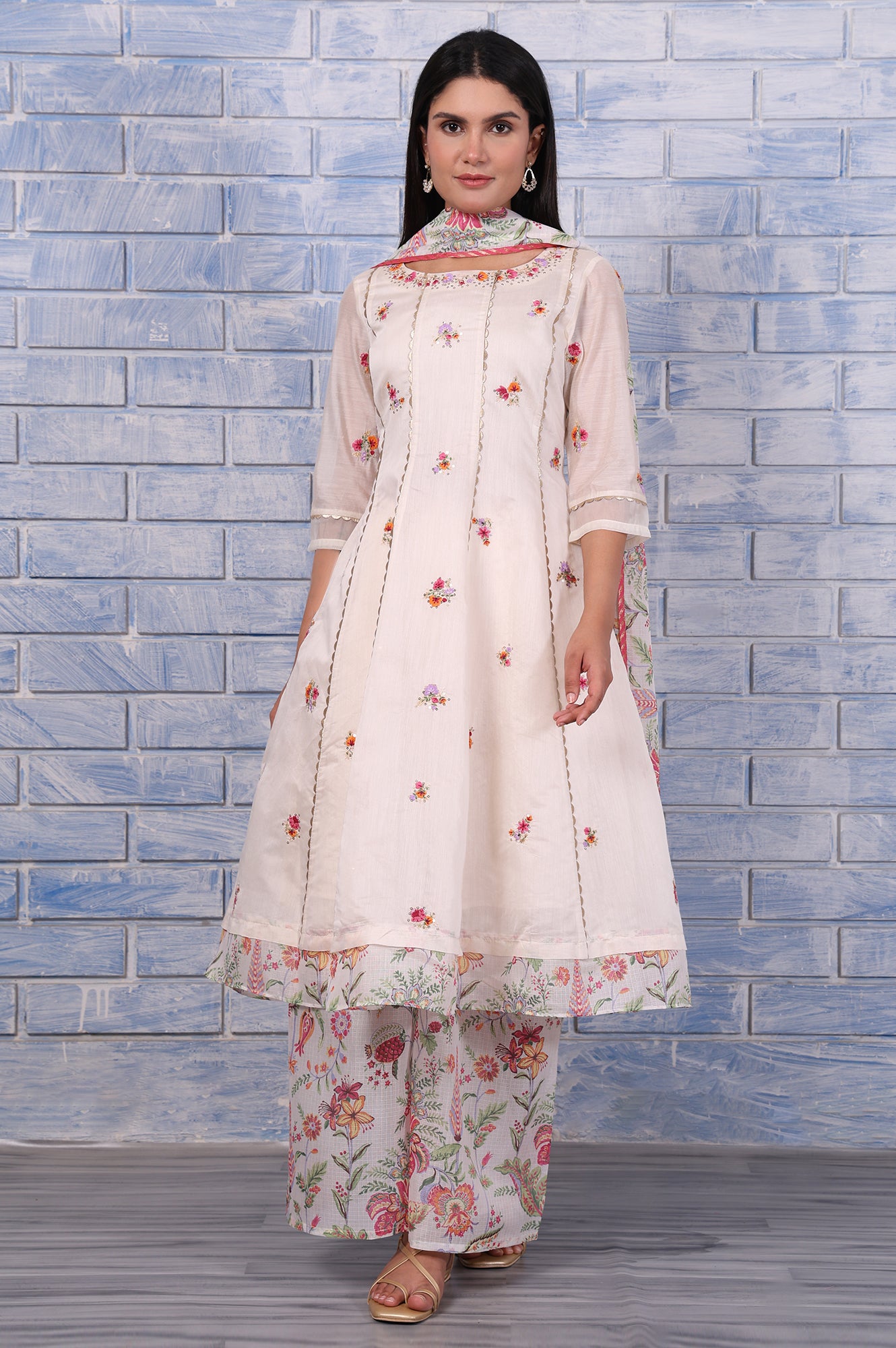 White Embroidered Printed Chanderi Flared Kurta, Palazzo And Dupatta Set