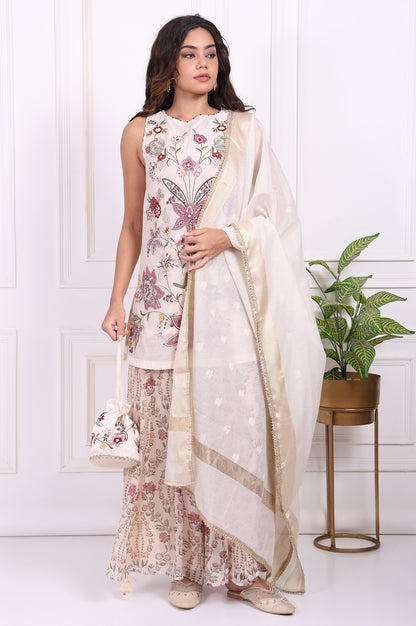 White Embroidered Straight Cotton Kurta with Flared Pant and Dupatta Set