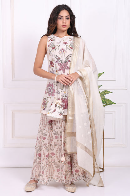 White Embroidered Straight Cotton Kurta with Flared Pant and Dupatta Set