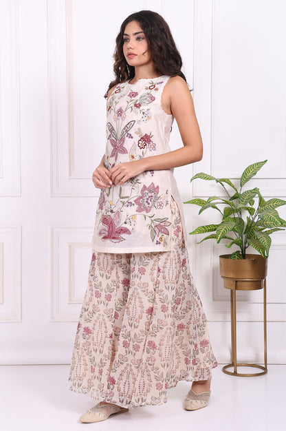 White Embroidered Straight Cotton Kurta with Flared Pant and Dupatta Set