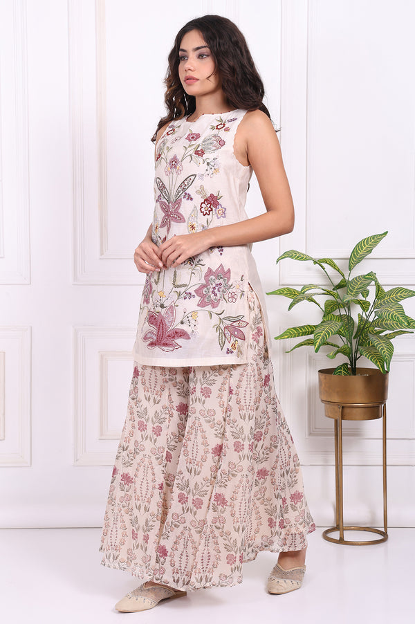 White Embroidered Straight Cotton Kurta with Flared Pant and Dupatta Set