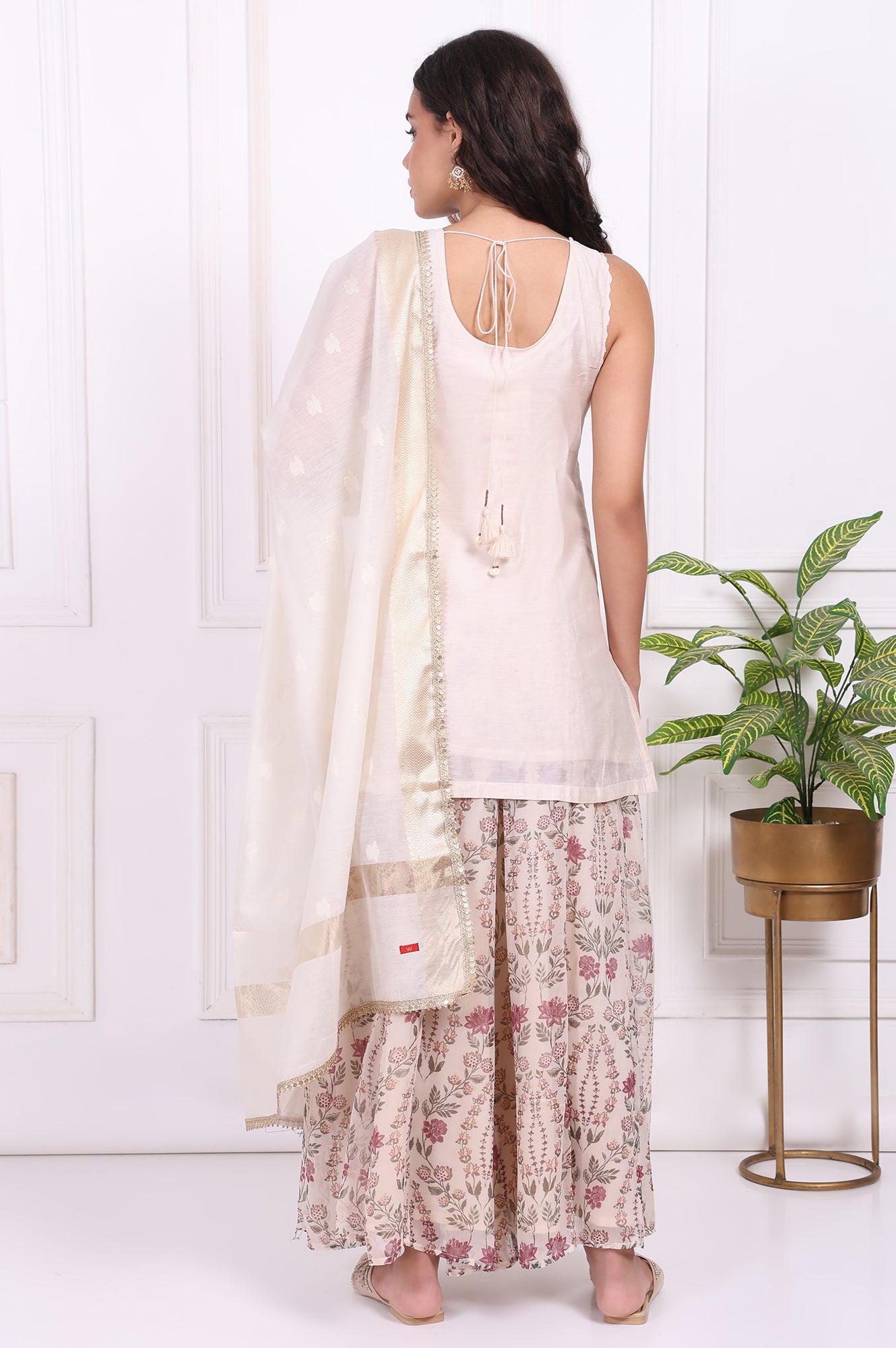 White Embroidered Straight Cotton Kurta with Flared Pant and Dupatta Set