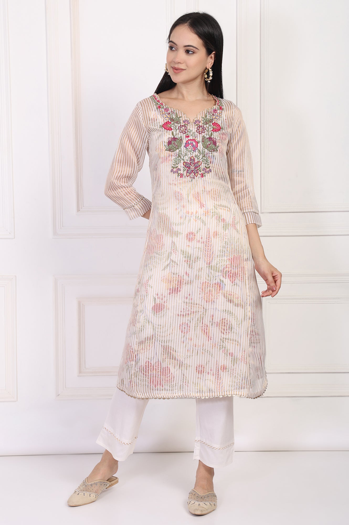 Off-White Embroidered Straight Tissue Kurta with Straight Pant Set