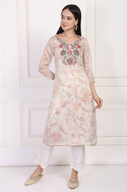 Off-White Embroidered Straight Tissue Kurta with Straight Pant Set