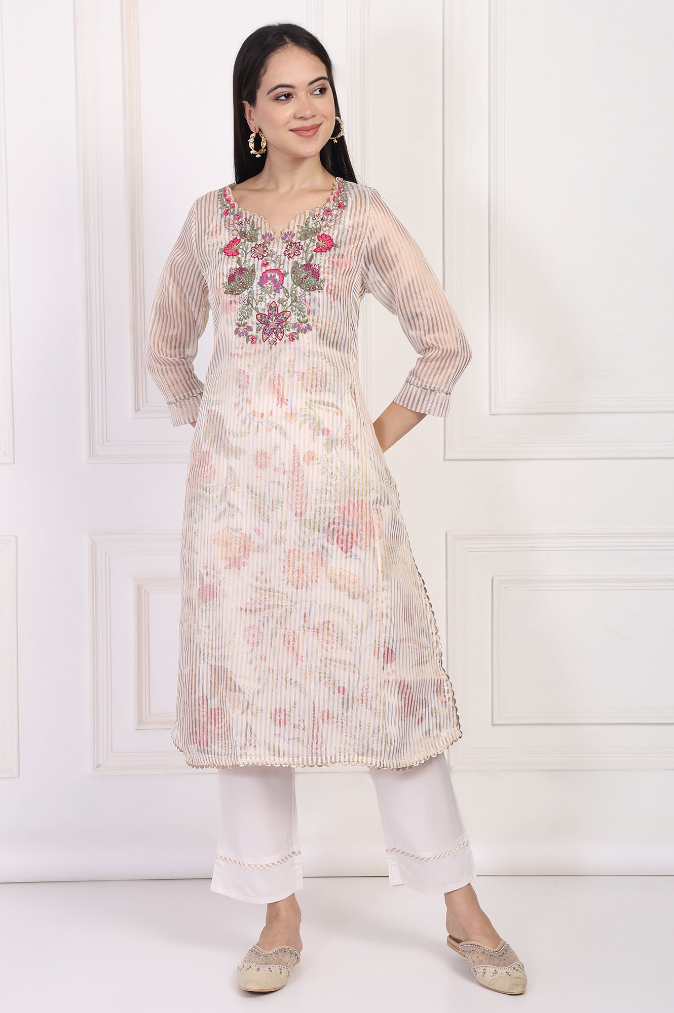 Off-White Embroidered Straight Tissue Kurta with Straight Pant Set