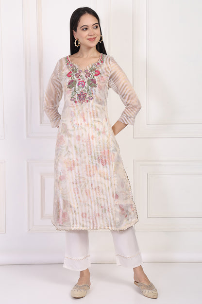 Off-White Embroidered Straight Tissue Kurta with Straight Pant Set