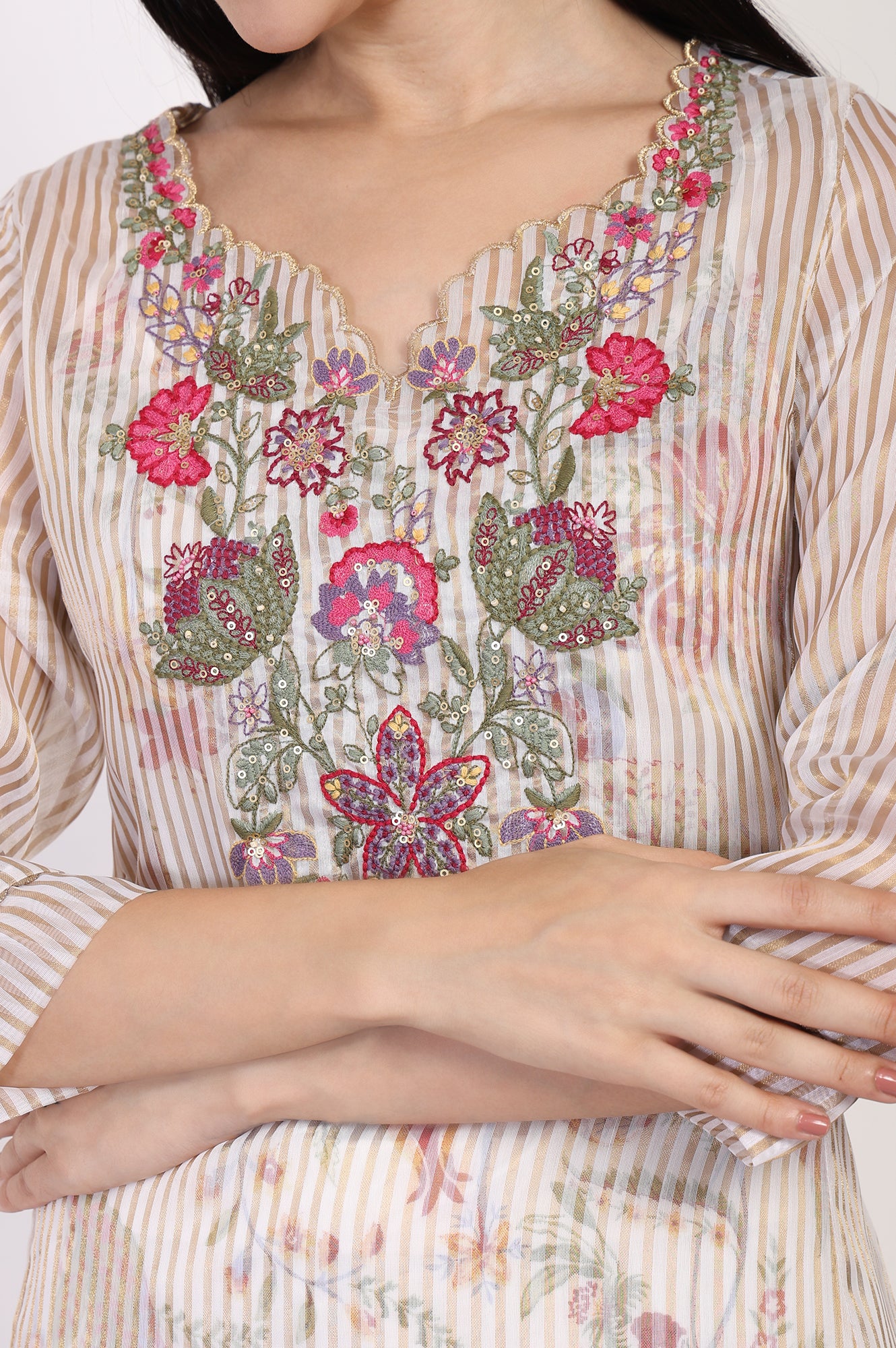 Off-White Embroidered Straight Tissue Kurta with Straight Pant Set