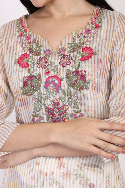 Off-White Embroidered Straight Tissue Kurta with Straight Pant Set