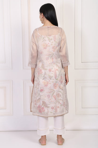 Off-White Embroidered Straight Tissue Kurta with Straight Pant Set