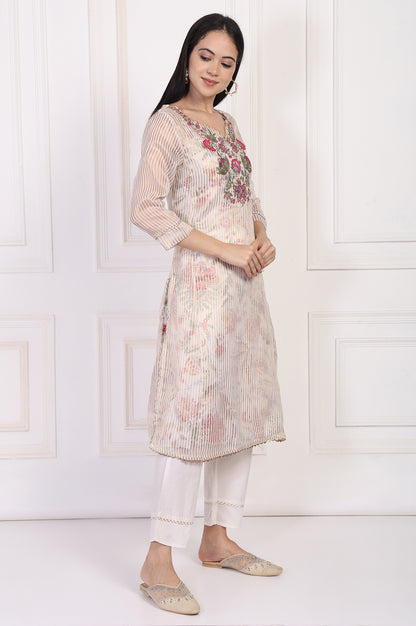Off-White Embroidered Straight Tissue Kurta with Straight Pant Set