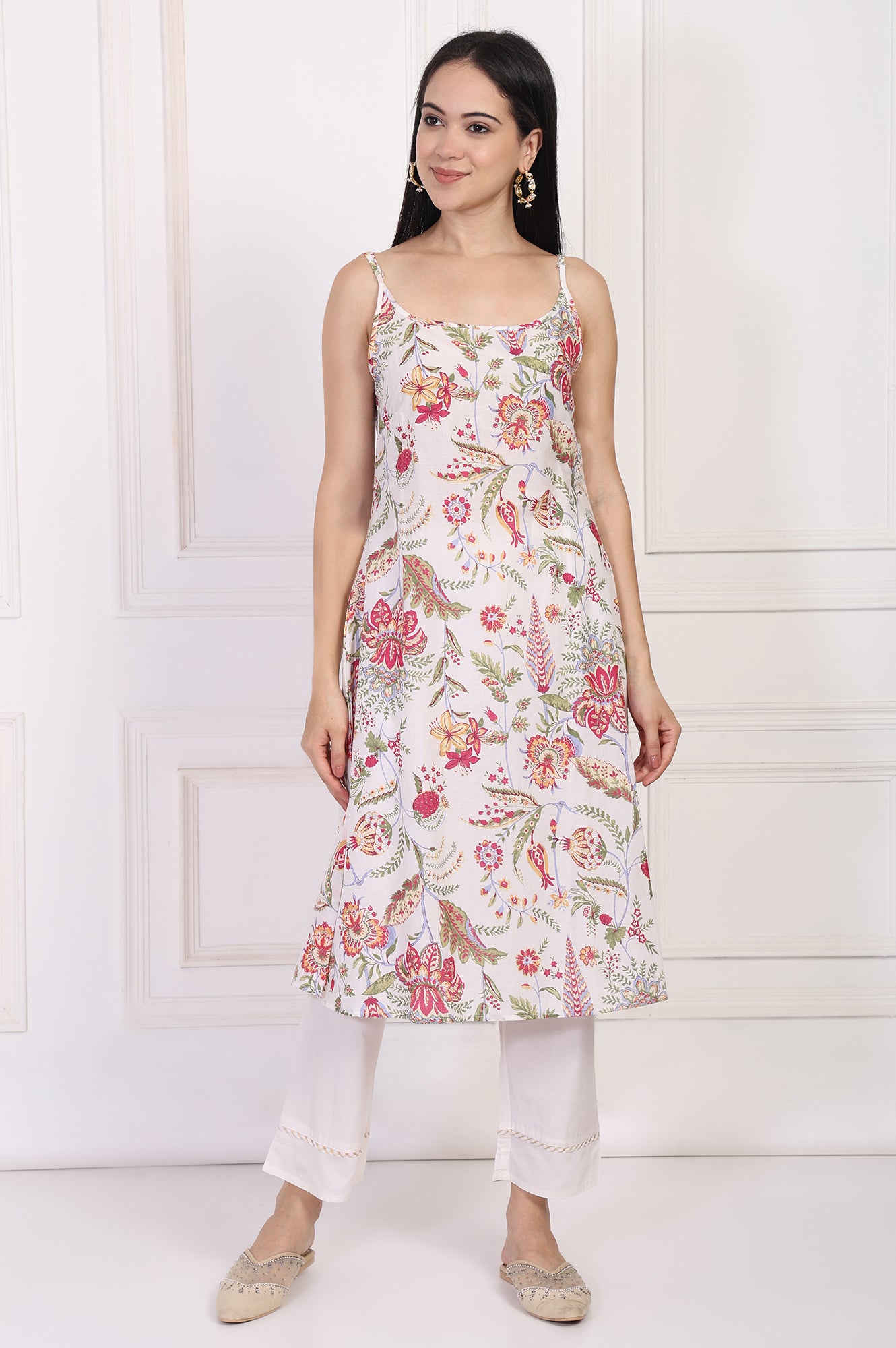 Off-White Embroidered Straight Tissue Kurta with Straight Pant Set