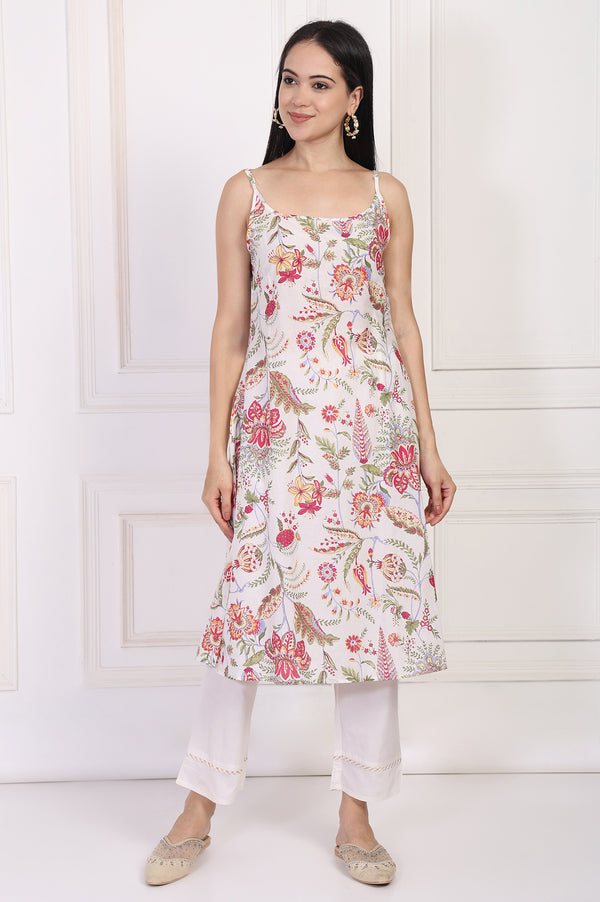 Off-White Embroidered Straight Tissue Kurta with Straight Pant Set
