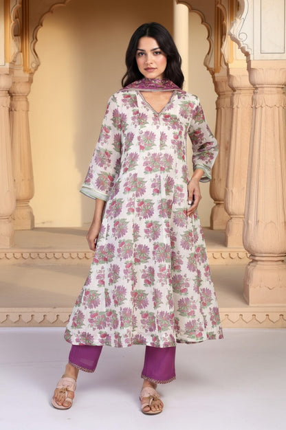 Beige Floral Print Sequined Flared Chanderi Kurta with Pant and Dupatta Set