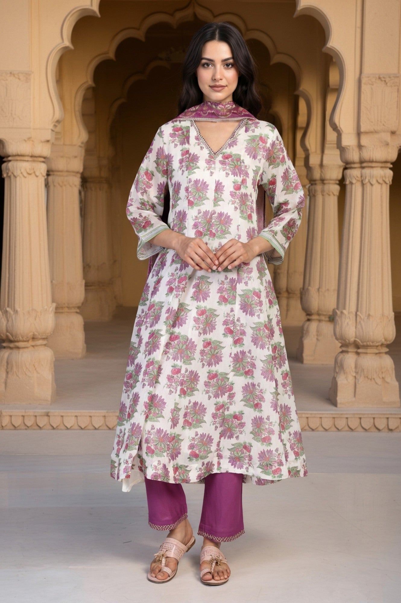 Beige Floral Print Sequined Flared Chanderi Kurta with Pant and Dupatta Set