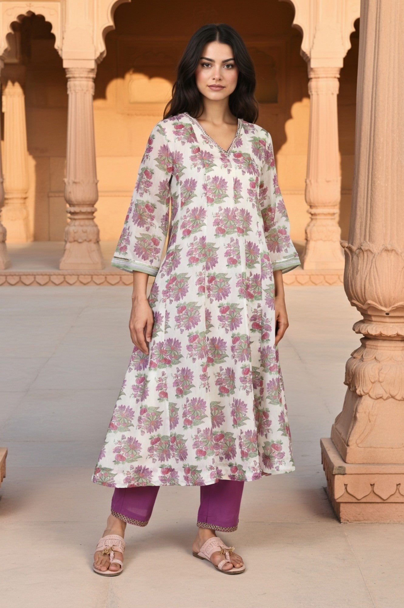 Beige Floral Print Sequined Flared Chanderi Kurta with Pant and Dupatta Set