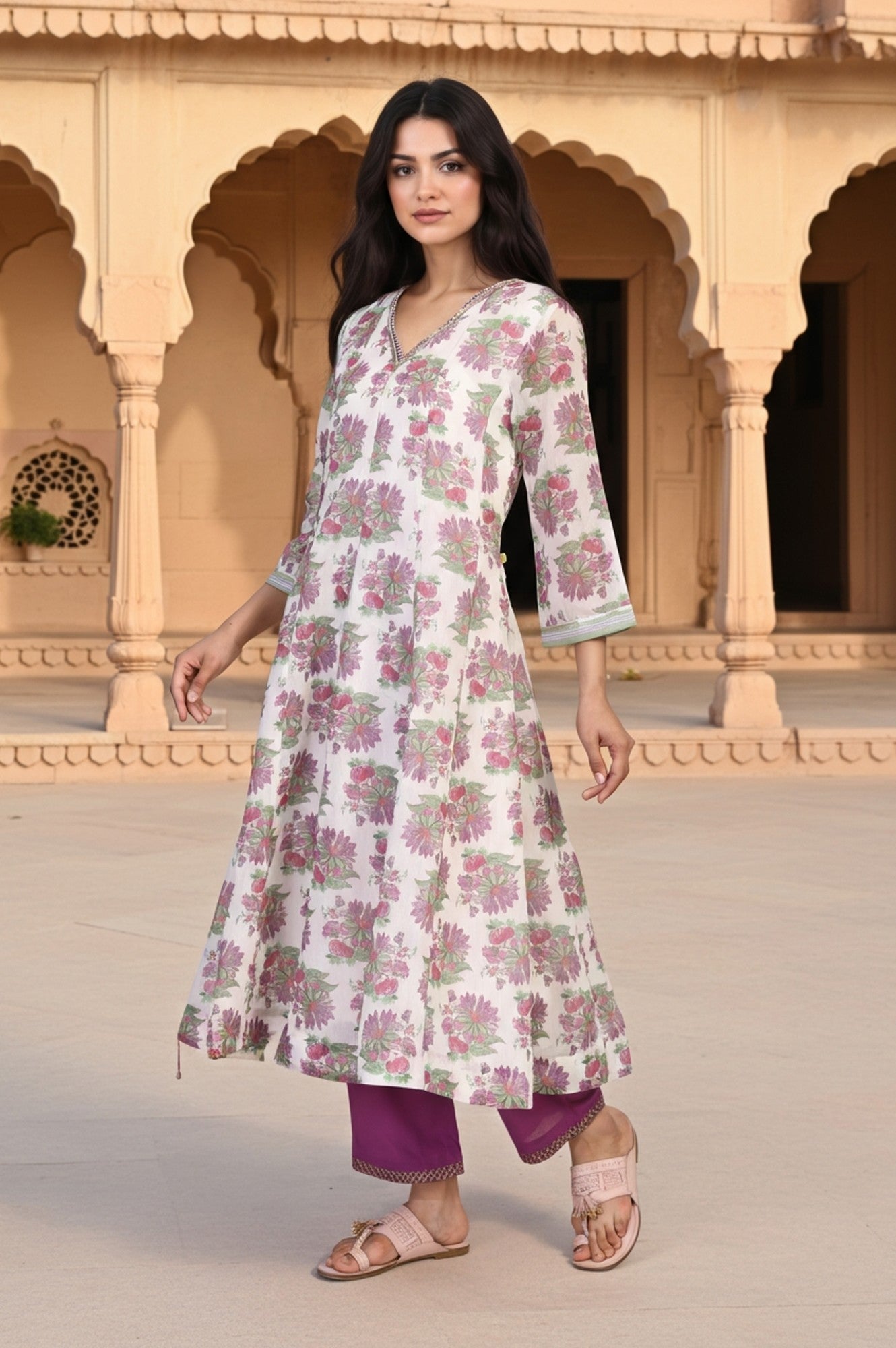 Beige Floral Print Sequined Flared Chanderi Kurta with Pant and Dupatta Set