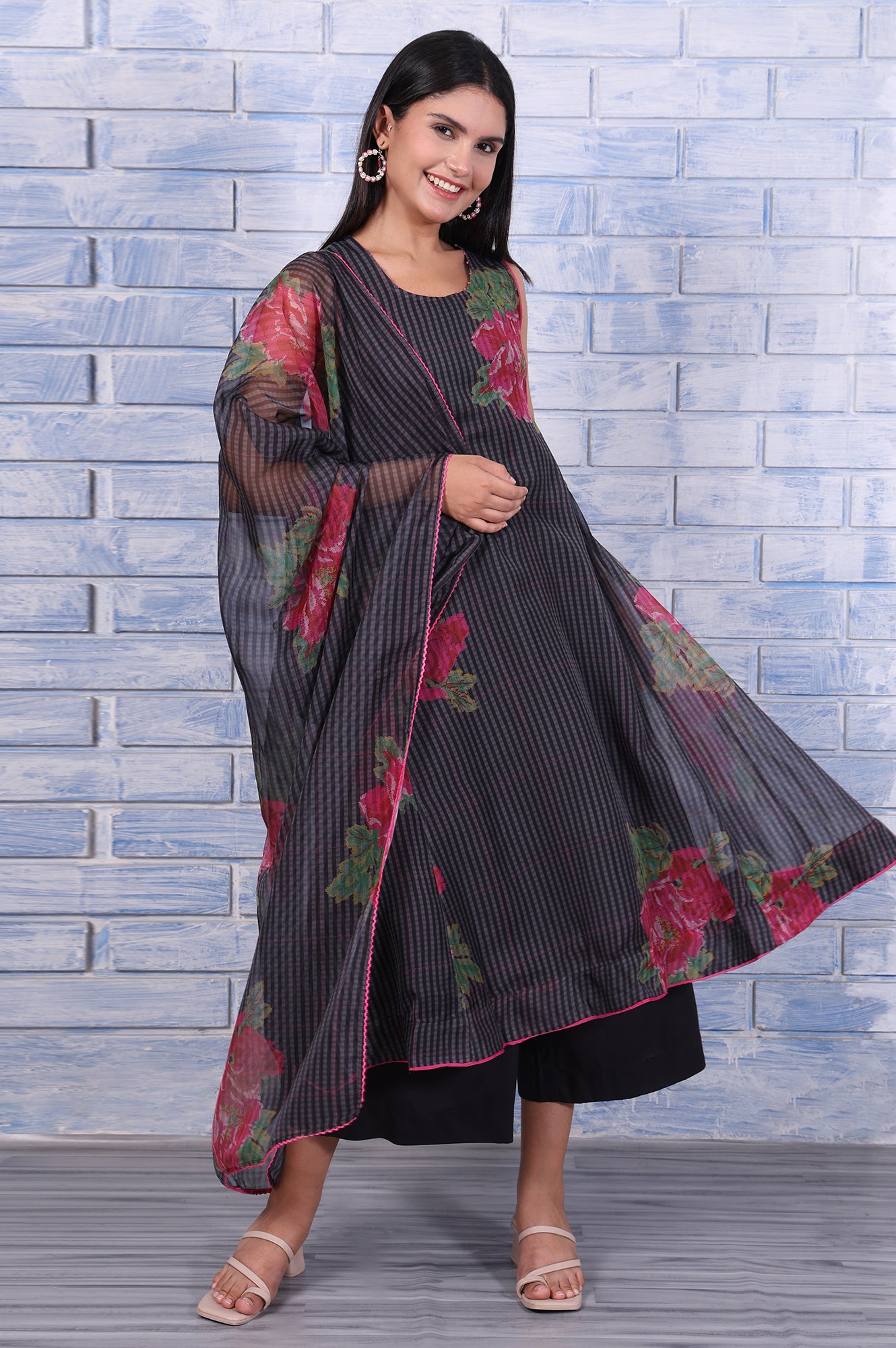 Black Floral Printed Beads Organza Flared Kurta, Cropped Flared Pants And Dupatta Set