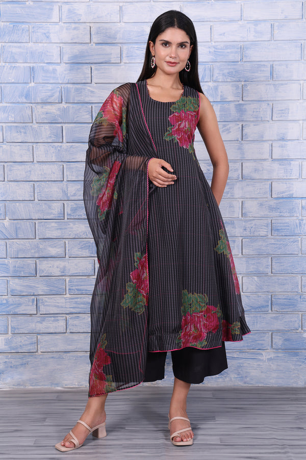 Black Floral Printed Beads Organza Flared Kurta, Cropped Flared Pants And Dupatta Set