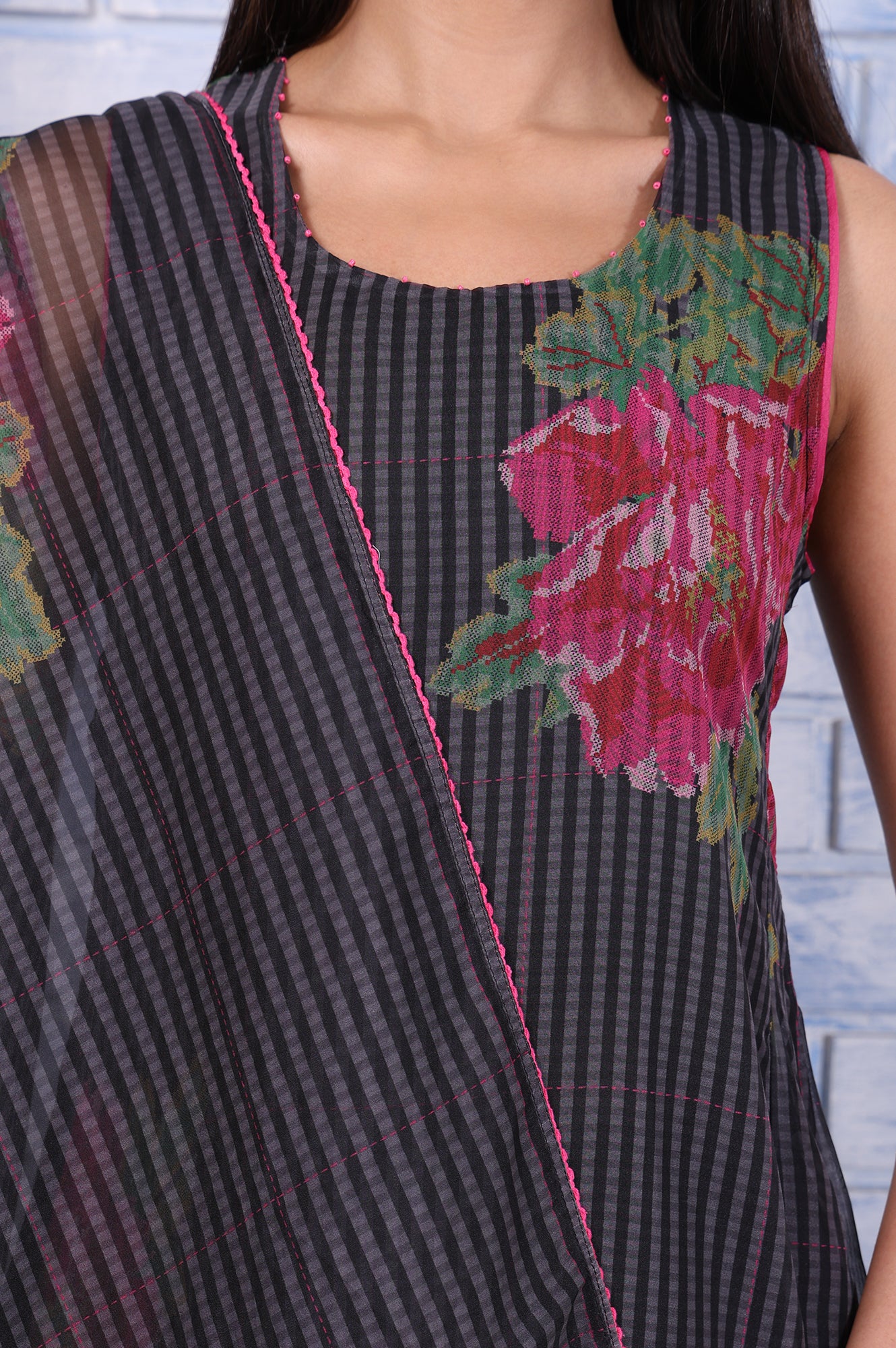 Black Floral Printed Beads Organza Flared Kurta, Cropped Flared Pants And Dupatta Set