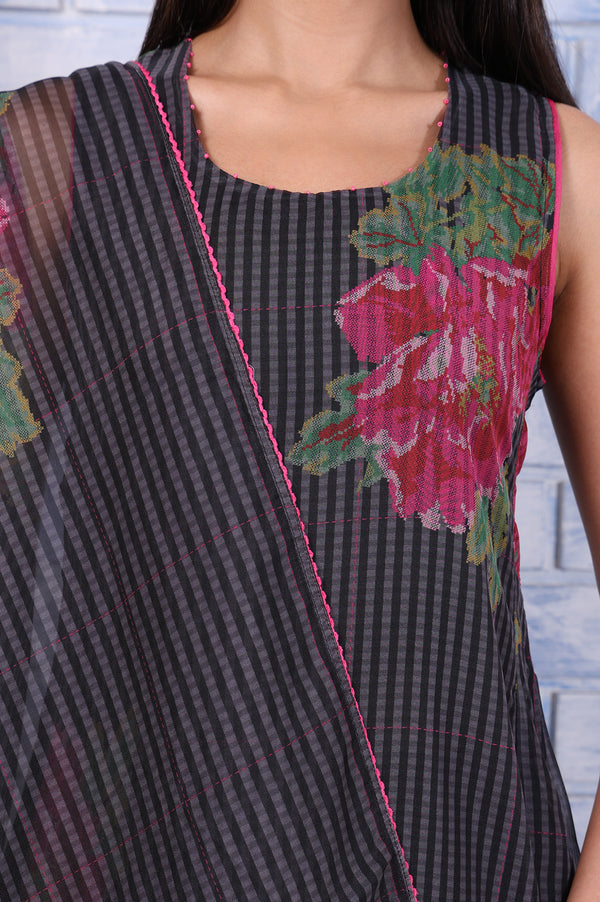 Black Floral Printed Beads Organza Flared Kurta, Cropped Flared Pants And Dupatta Set