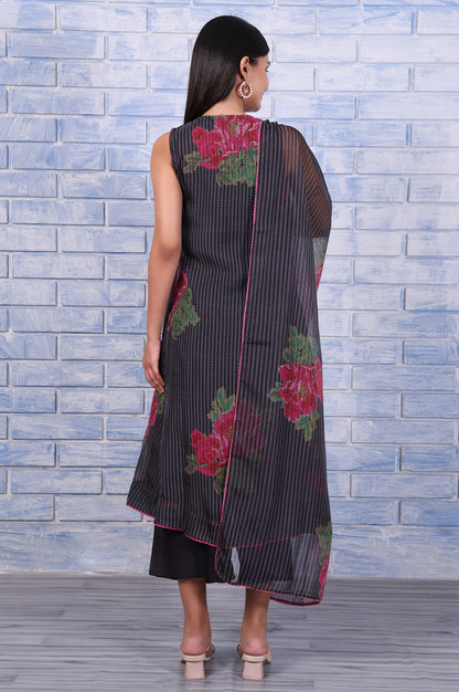 Black Floral Printed Beads Organza Flared Kurta, Cropped Flared Pants And Dupatta Set