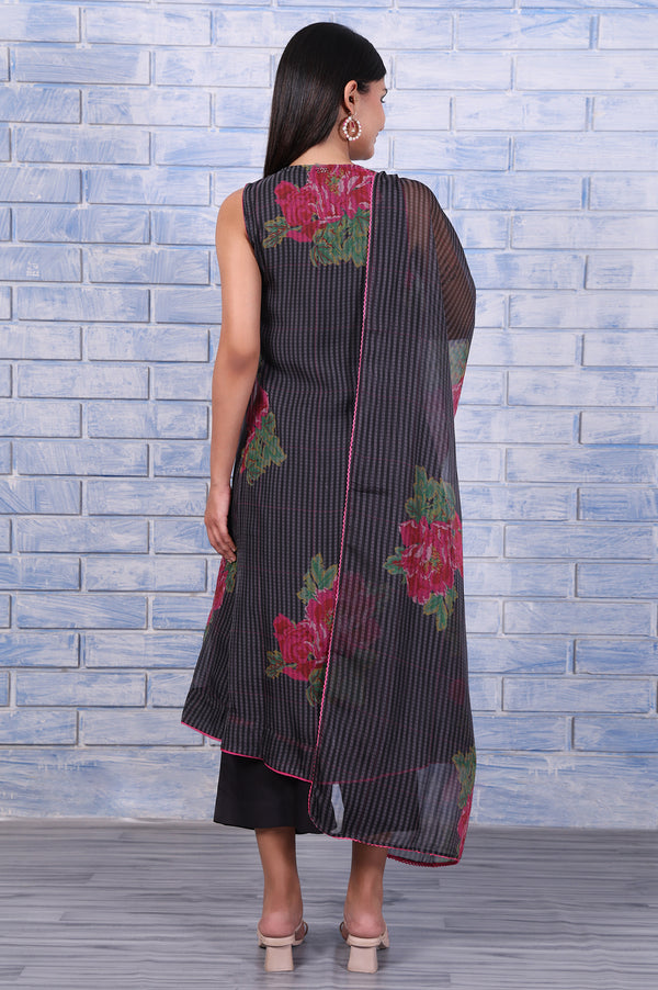 Black Floral Printed Beads Organza Flared Kurta, Cropped Flared Pants And Dupatta Set