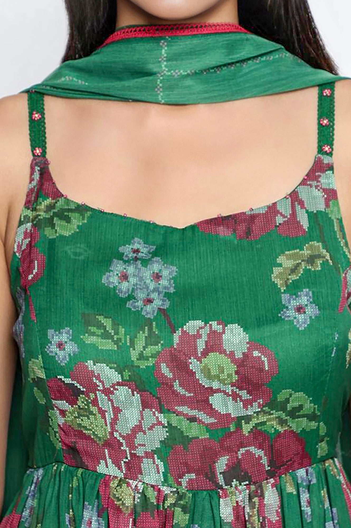 Green Printed Chiffon Flared Kurta, Straight Pant and Dupatta Set