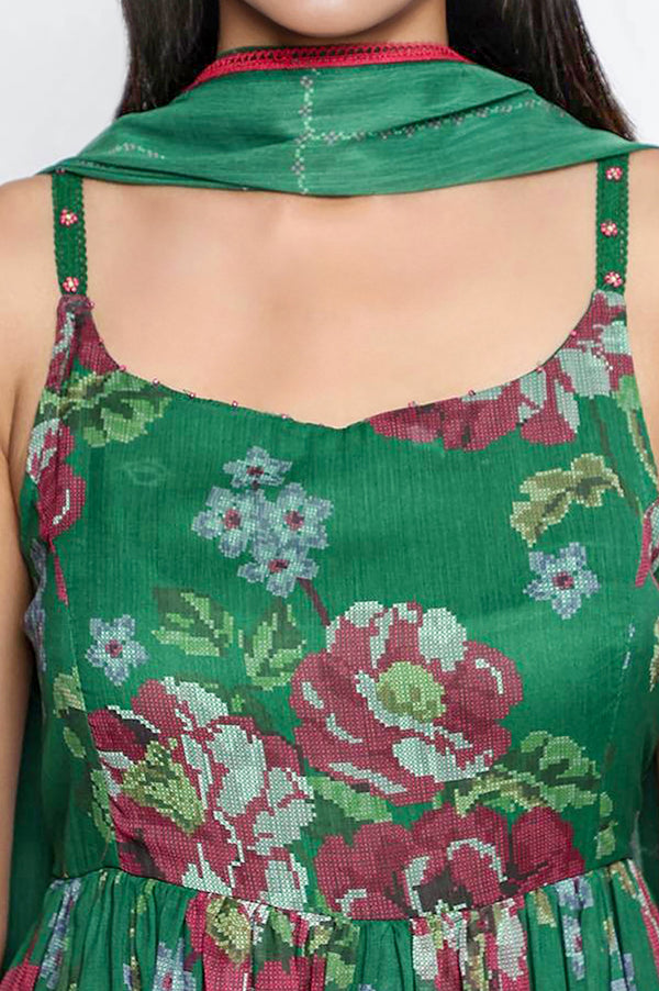 Green Printed Chiffon Flared Kurta, Straight Pant and Dupatta Set